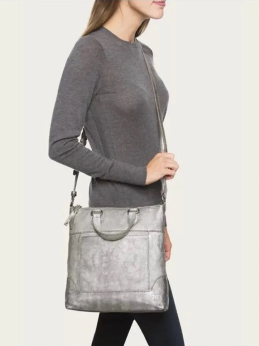 NWT FRYE Melissa Small Tote Crossbody distressed silver leather bag